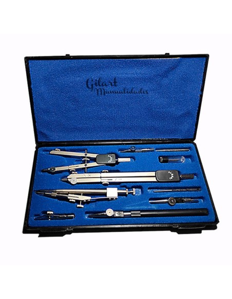 Compás articulado Mec Alessi 6/A en estuche de 10 piezas para dibujo técnico escolar.