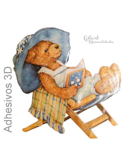 Pegatinas 3D Osito tumbona (10x10 cm), ideal para decorar cuadernos y proyectos de arte.