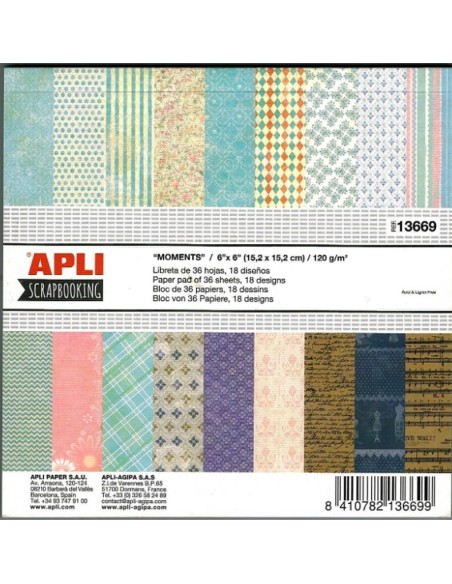 Libreta Apli 36 hojas 18 diseños Moments 15,2 x 15,2 cm para scrapbooking.