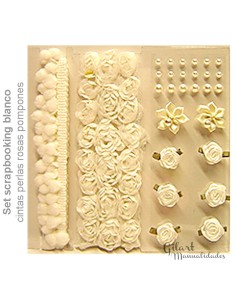 Set de scrapbooking con pompones, cintas y perlas para proyectos de manualidades.