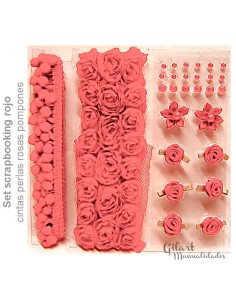 Set scrapbooking rojo con cintas, perlas, rosas y pompones para decorar tus manualidades
