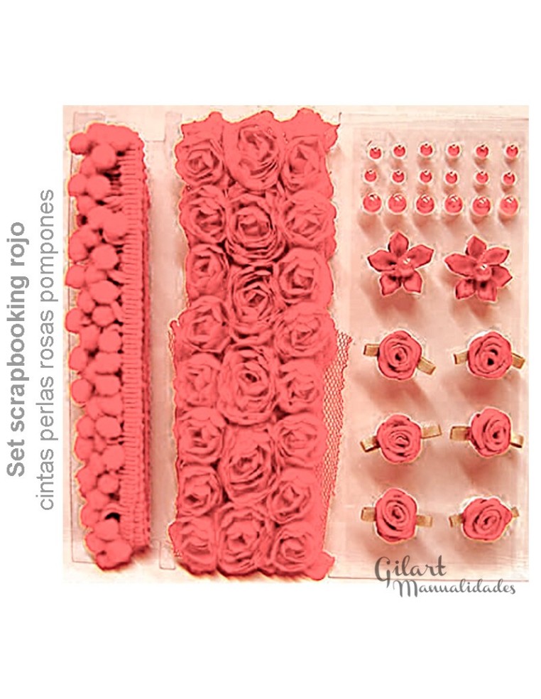 Set scrapbooking rojo con cintas, perlas, rosas y pompones para decorar tus manualidades