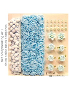 Set scrapbooking azul con cintas, perlas, rosas y pompones para decorar tus manualidades