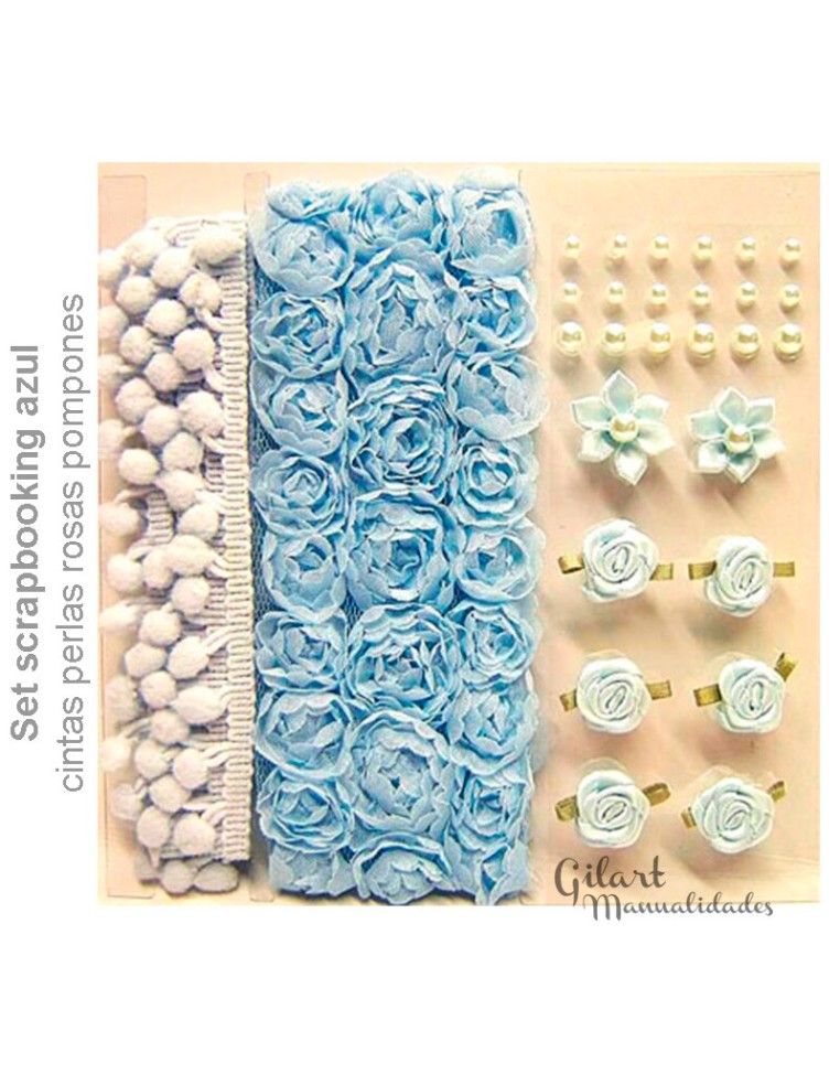 Set scrapbooking azul con cintas, perlas, rosas y pompones para decorar tus manualidades