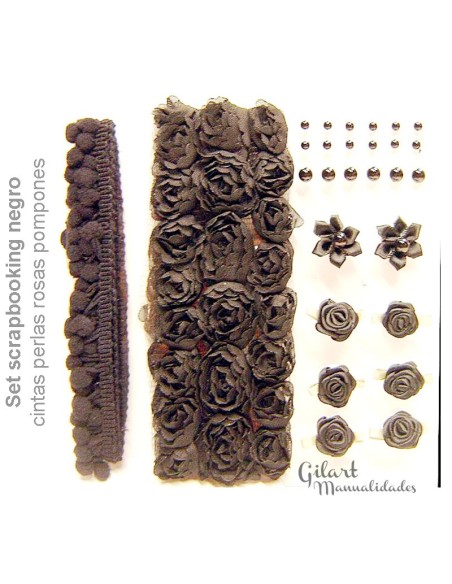 Set scrapbooking negro con cintas, perlas, rosas y pompones para decorar tus proyectos Set scrapbooking negro con cintas, perlas, rosas y pompones para decorar tus proyectos