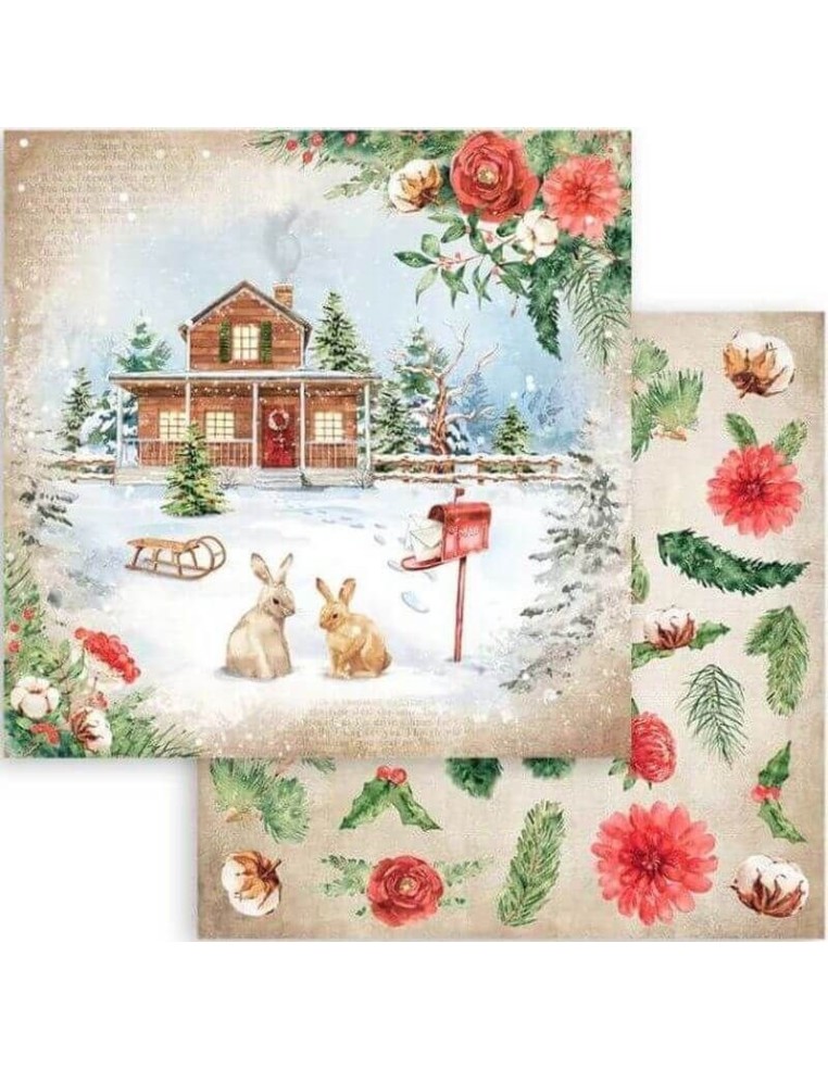 Dulce hogar navideño con conejitos en la nieve, rodeado de alegría invernal.