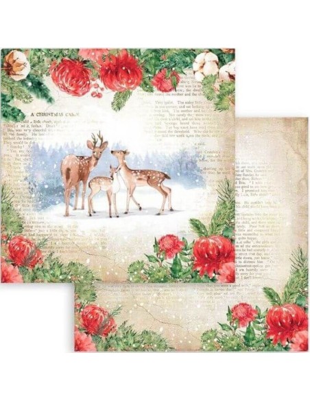 Una familia de ciervos en un paisaje invernal, rodeada de hermosas flores rojas. Una familia de ciervos en un paisaje invernal, rodeada de hermosas flores rojas.