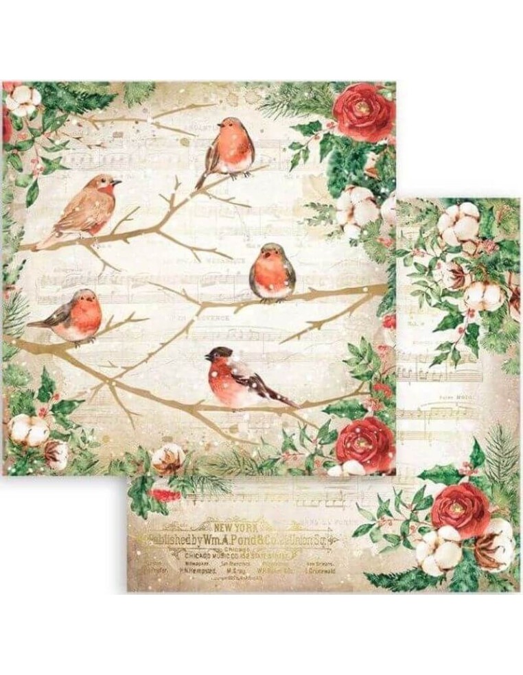 Pájaros navideños en una rama con partituras y flores, un toque musical festivo.