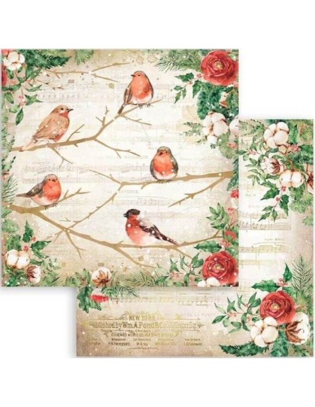 Pájaros navideños en una rama con partituras y flores, un toque musical festivo. Pájaros navideños en una rama con partituras y flores, un toque musical festivo.