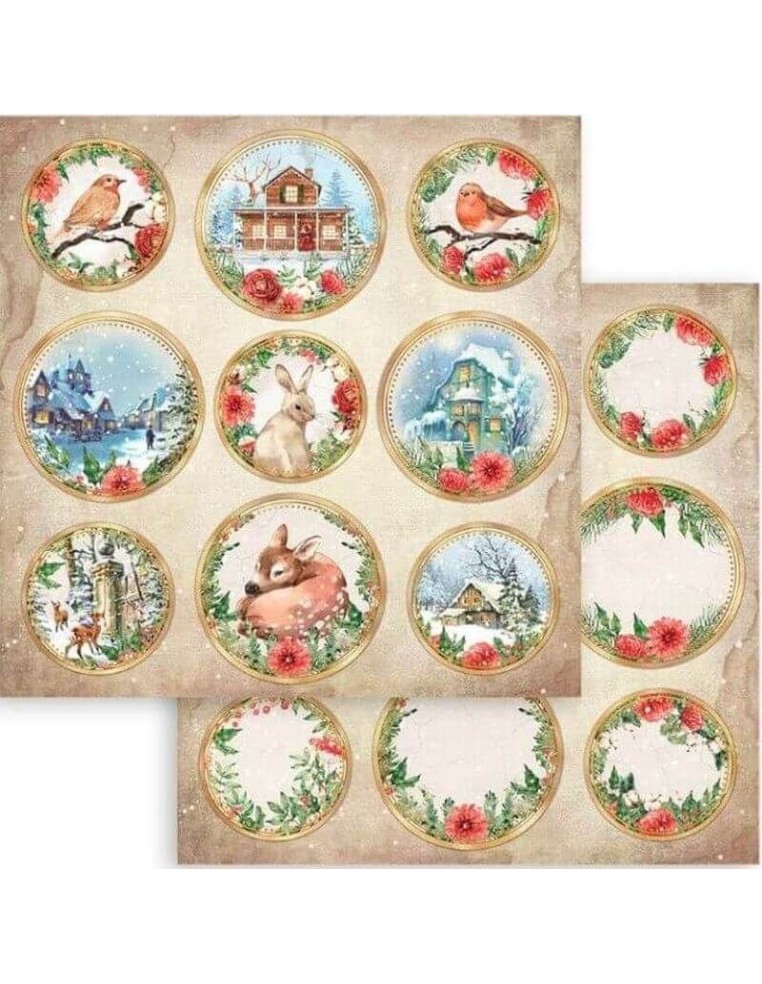 Set de adornos circulares con escenas invernales, pájaros, conejos y casas.