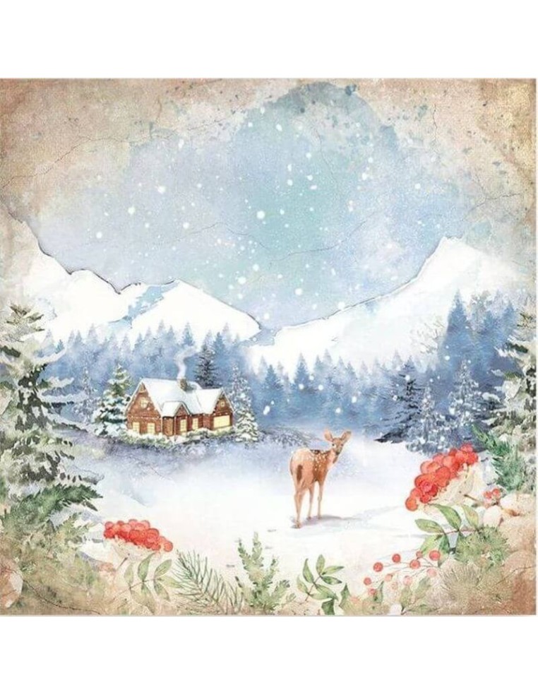 Acuarela invernal con un ciervo frente a una cabaña en la nieve y montañas nevadas al fondo.