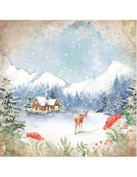 Acuarela invernal con un ciervo frente a una cabaña en la nieve y montañas nevadas al fondo. Acuarela invernal con un ciervo frente a una cabaña en la nieve y montañas nevadas al fondo.