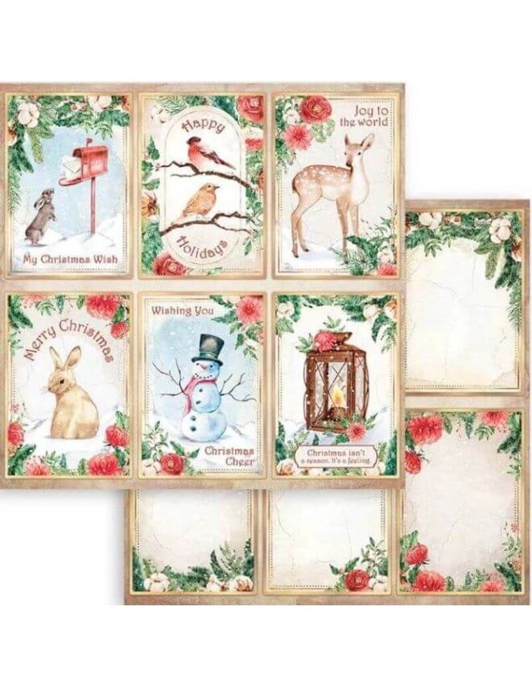 Una selección de postales con diseños navideños de conejos, ciervos, muñecos de nieve y pájaros.