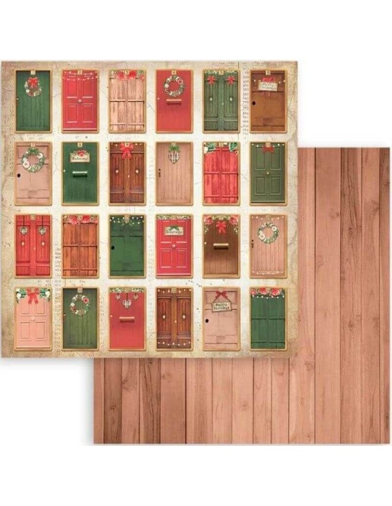 Conjunto de puertas navideñas, cada una decorada con coronas y detalles festivos.