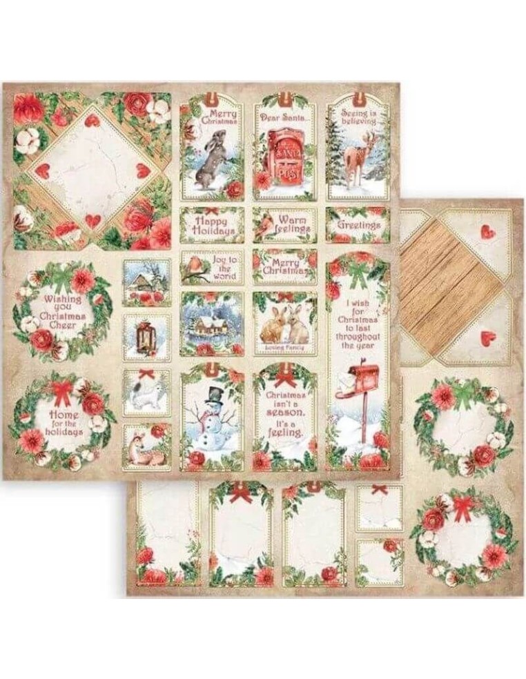 Tarjetas y etiquetas con mensajes navideños y escenas festivas como conejos, muñecos de nieve y ciervos.