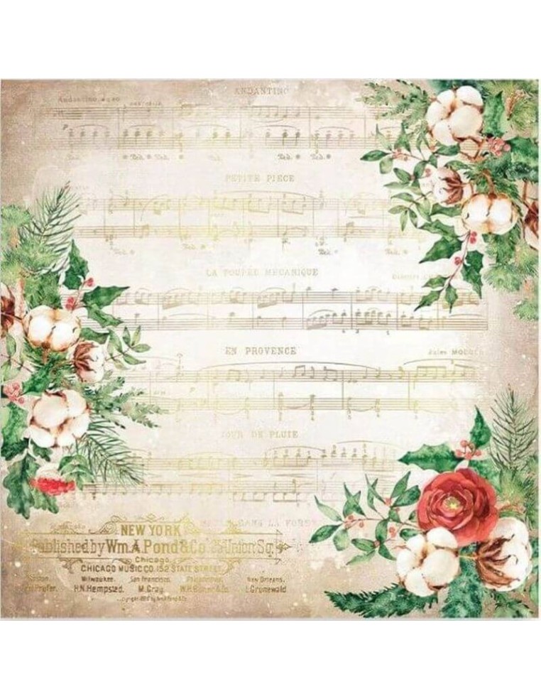 Partitura musical antigua enmarcada con ilustraciones de flores, hojas de acebo y ramas de pino.