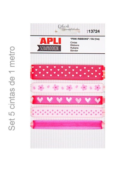 Cintas de tela estampadas rosadas Apli - Set 5 u para scrapbooking y packaging