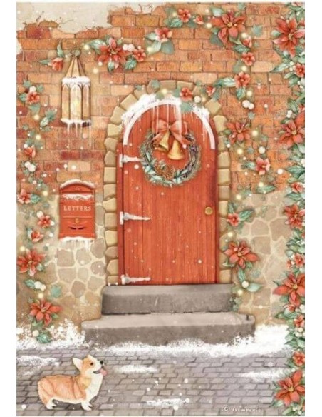 Papel arroz A4 Stamperia Christmas puerta, ideal para decoupage en superficies navideñas