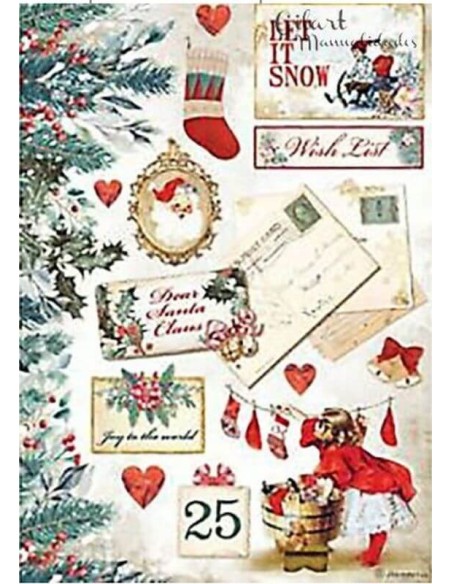 Papel arroz Romantic Christmas Stamperia DFSA4614 con tarjetas vintage navideñas decorativas