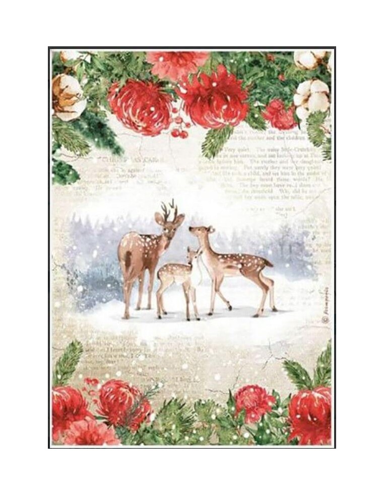 Papel arroz A4 Stamperia Romantic Home con ciervos para decoración navideña DIY