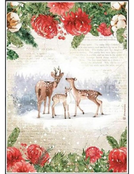 Papel arroz A4 Stamperia Romantic Home con ciervos para decoración navideña DIY