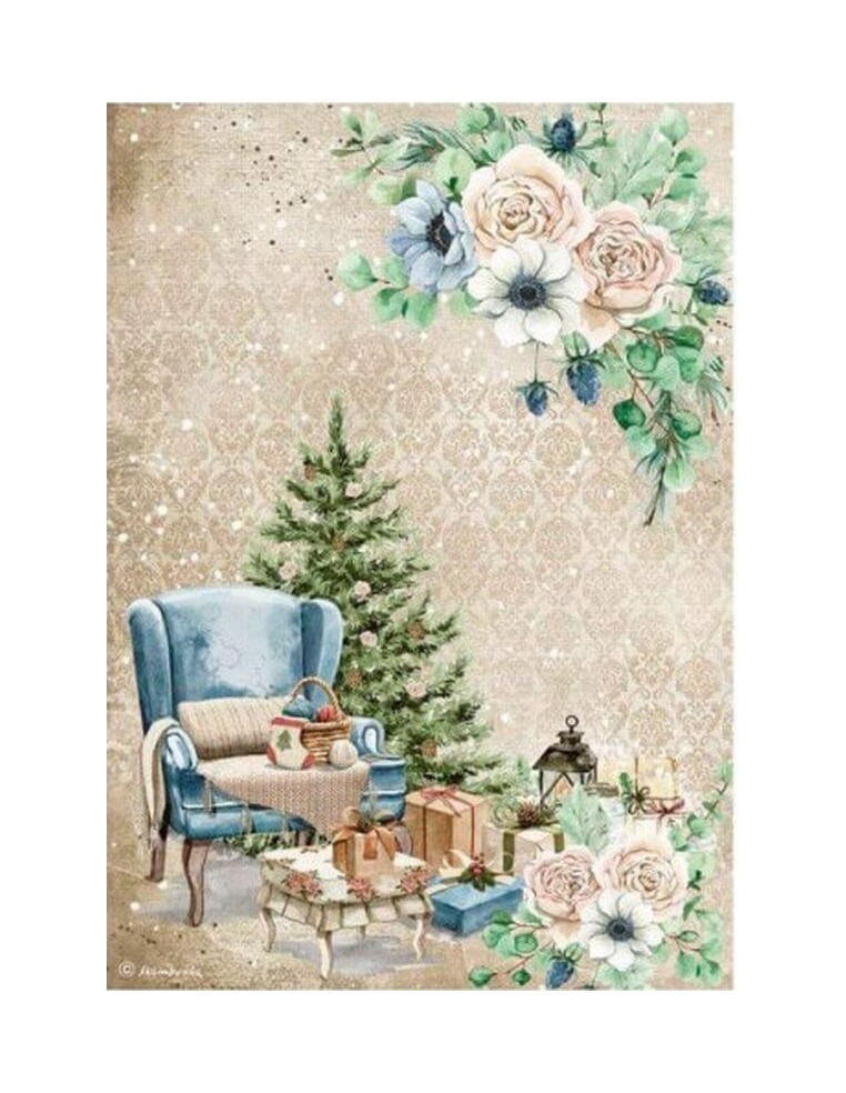 Papel arroz A4 Stamperia Romantic Cozy Winter con silla para decoración navideña