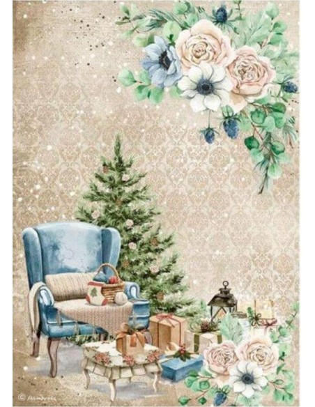 Papel arroz A4 Stamperia Romantic Cozy Winter con silla para decoración navideña