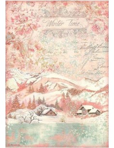 "Winter Time": Escena nevada vintage con cabañas y árboles. Ideal para tus proyectos creativos.