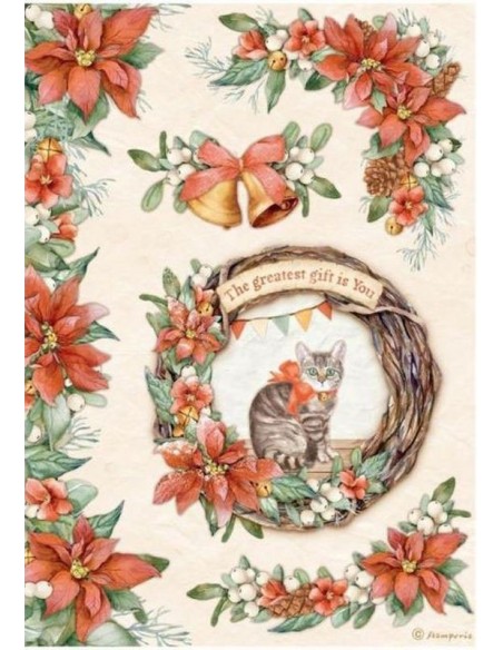 Papel, arroz Stamperia DFSA4803 con corona navideña y gato, ideal para decoupage festivo