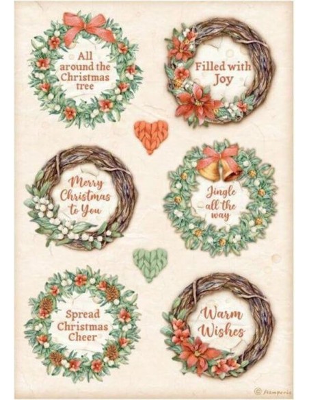 Papel arroz A4 Stamperia Christmas coronas, ideal para decoración navideña artesanal