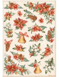 Papel de arroz Stamperia All Around Christmas Flores y Campanas A4 para decoupage