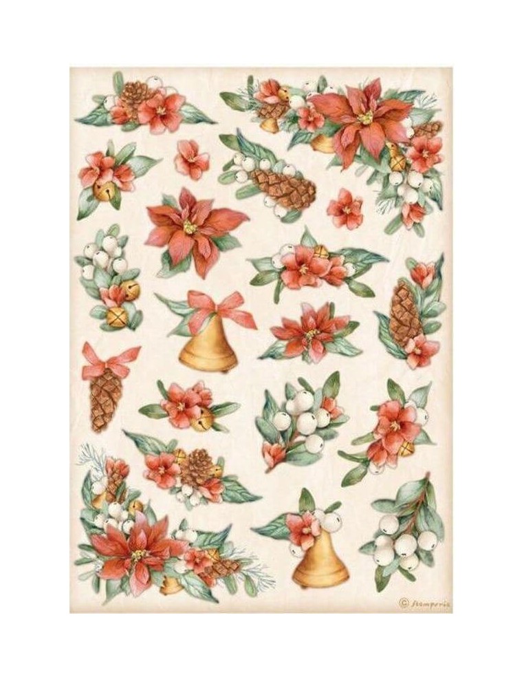 Papel de arroz Stamperia All Around Christmas Flores y Campanas A4 para decoupage