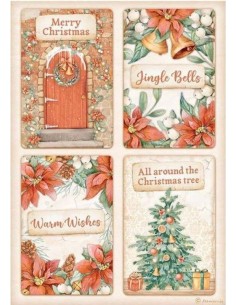 Papel arroz A4 Stamperia DFSA4808 con 4 tarjetas navideñas de estilo clásico vintage