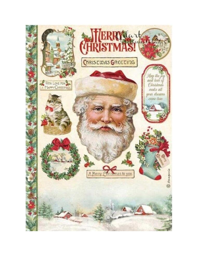 Papel arroz A4 Stamperia Classic Christmas Santa Claus Green para tus manualidades.