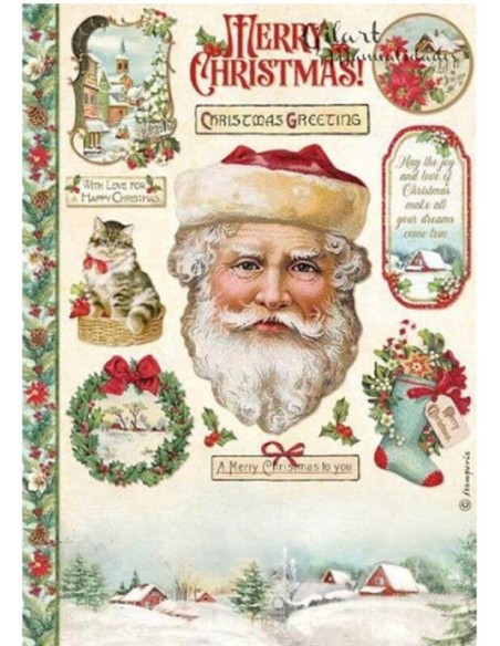 Papel arroz A4 Stamperia Classic Christmas Santa Claus Green para tus manualidades.
