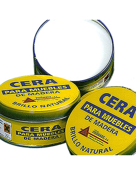 Botes de cera incolora Promade de 250 ml para muebles de madera, uno de ellos abierto para mostrar el producto. Botes de cera incolora Promade de 250 ml para muebles de madera, uno de ellos abierto para mostrar el producto.