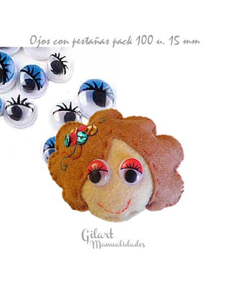 Ojos móviles redondos de 15 mm con pestañas – bolsa 100 Uds. para manualidades