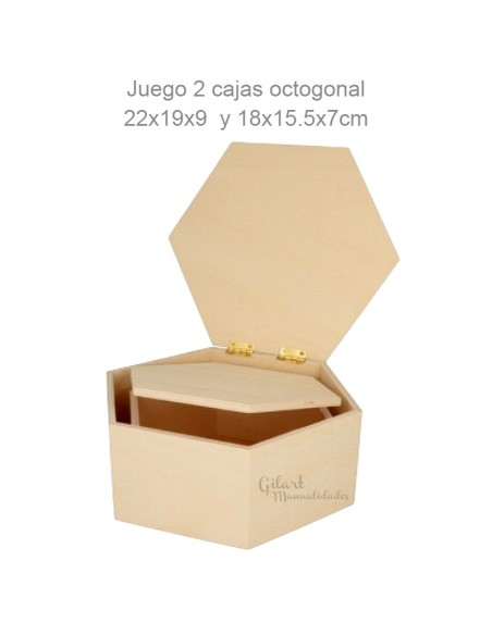 Set 2 cajas Madera Hexagonal Natural para Decorar manualidades, medidas 22x19x9 y 18x15,5x7 cm.