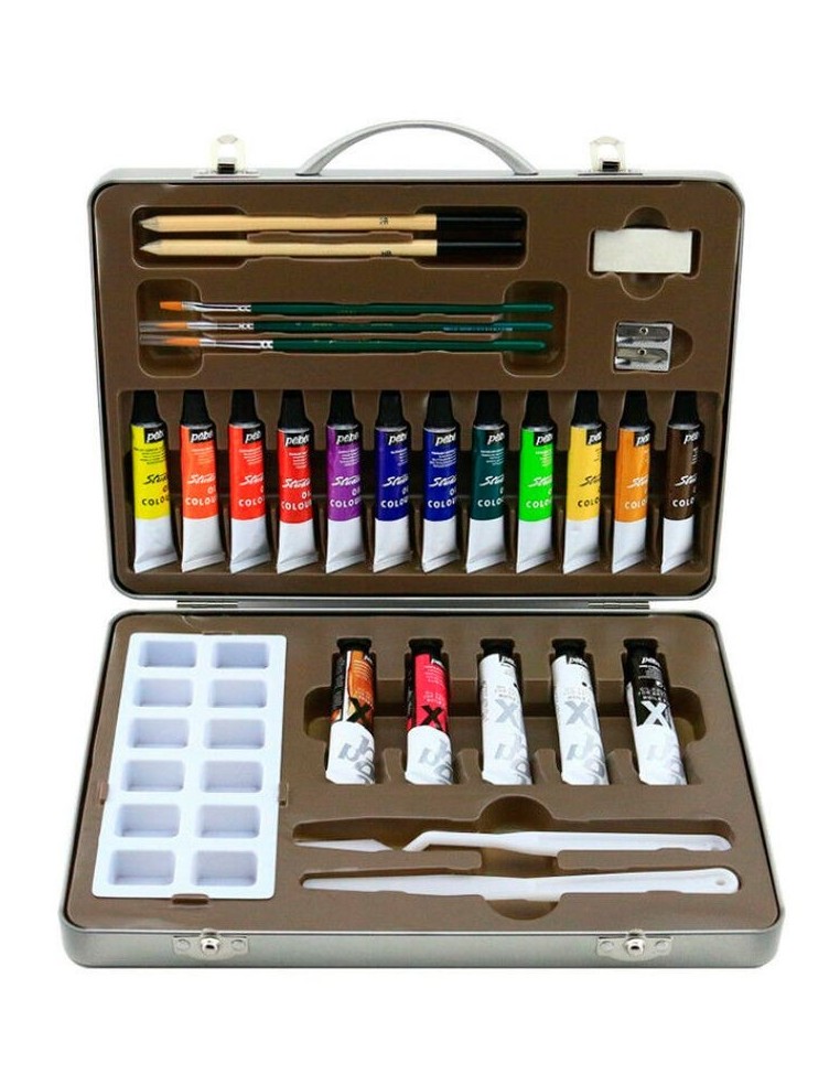 Maletín de óleo Pebeo Studio XL abierto, mostrando 17 tubos de óleo, pinceles y paleta.