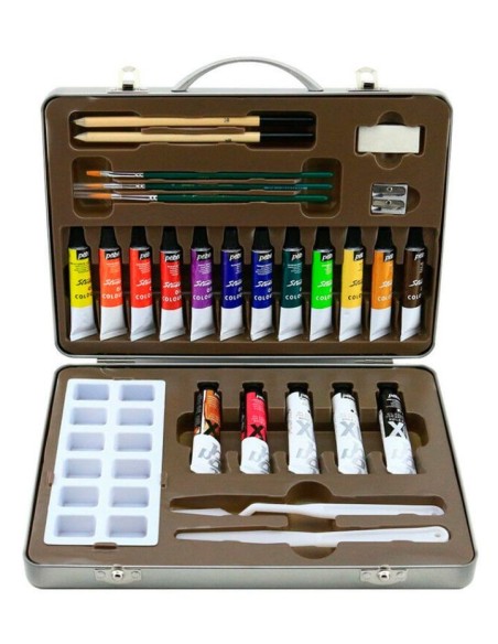 Maletín de óleo Pebeo Studio XL abierto, mostrando 17 tubos de óleo, pinceles y paleta.