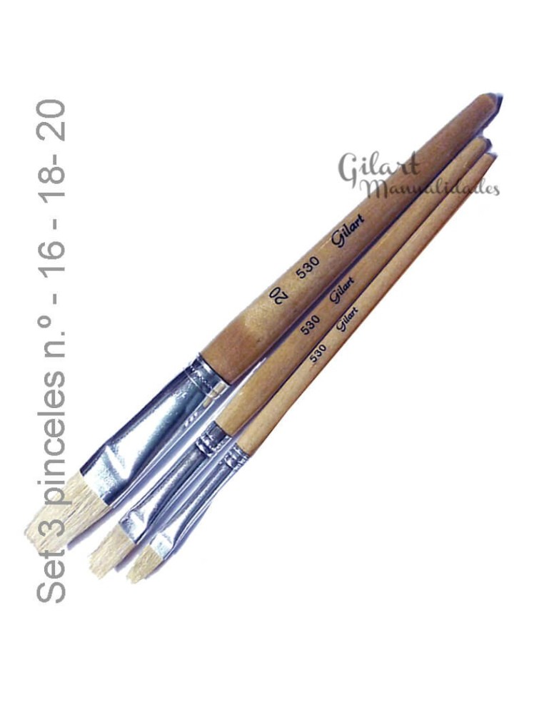 Set de 3 pinceles planos de cerda Gilart, tamaños 16, 18 y 20.