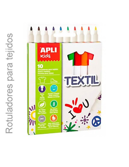 Leyenda: Rotuladores textiles Apli Kids, caja de 10 colores, ideal para decorar telas y camisetas en manualidades infantiles.