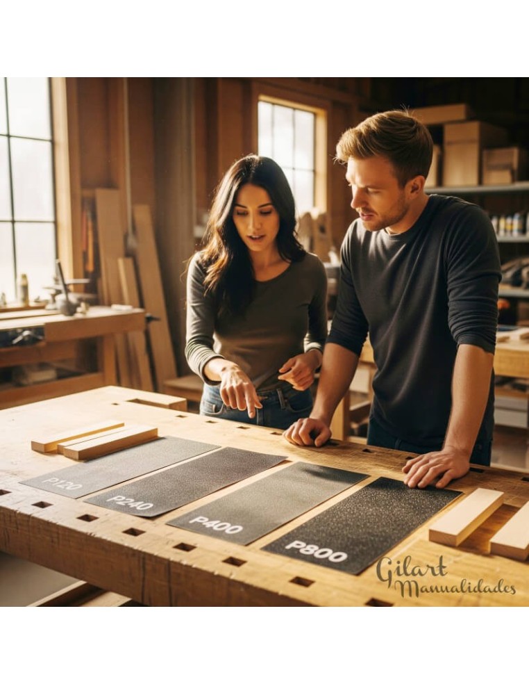 Pareja en taller con Lijas de Agua Superfinas Grano 1000 para pulir madera y manualidades.