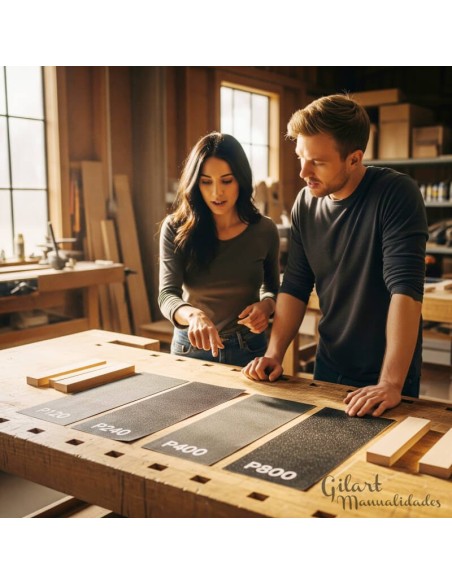 Pareja en taller con Lijas de Agua Superfinas Grano 1000 para pulir madera y manualidades. Pareja en taller con Lijas de Agua Superfinas Grano 1000 para pulir madera y manualidades.