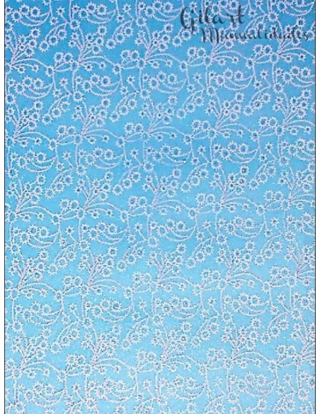 Papel Scrapbooking Fibra Azul Flores Blancas 50x70 cm para manualidades y decoración.