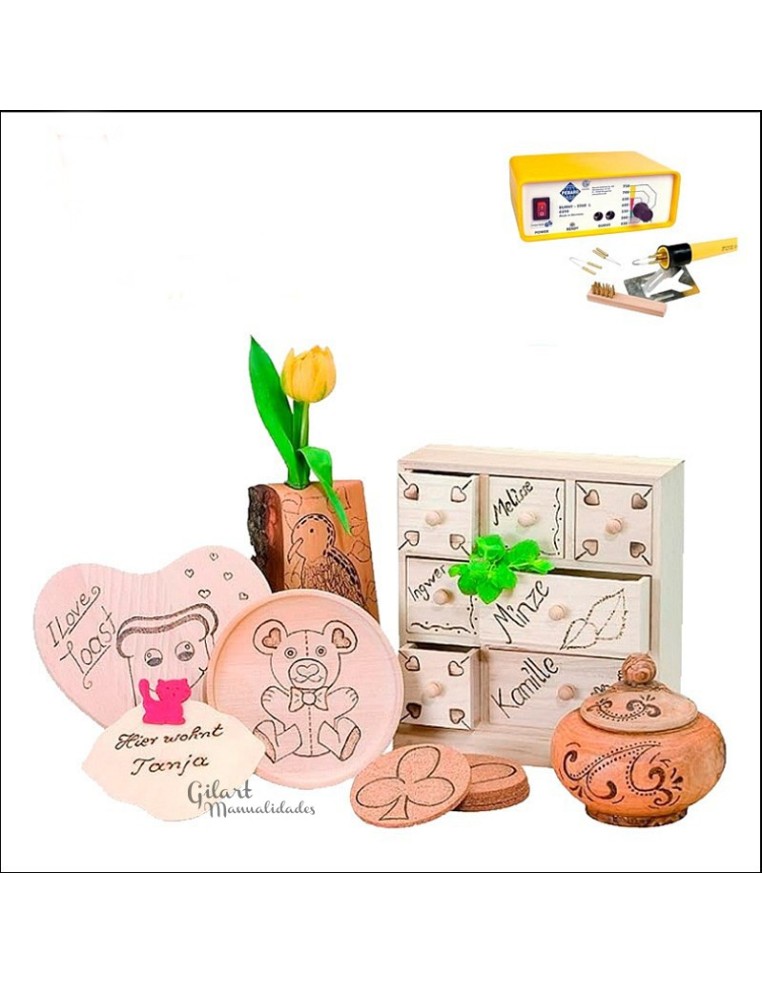 Muestras y resultados de pirograbado sobre madera y corcho realizados con la estación profesional Pebaro 0290 | Manualidades