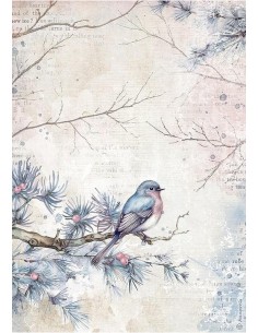 Papel arroz decoupage Stamperia A4 con diseño de pájaro invernal y ramas nevadas, ideal para manualidades.