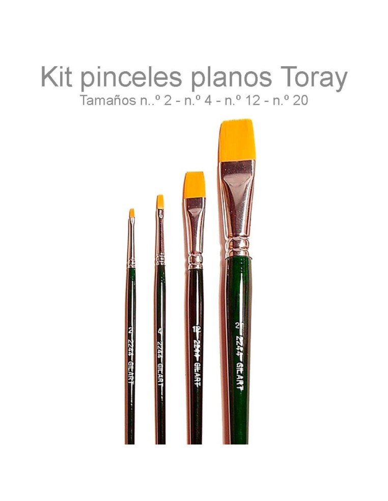 Kit de 4 pinceles Planos Toray Mango Corto para acuarela y acrílico, ideal para artistas