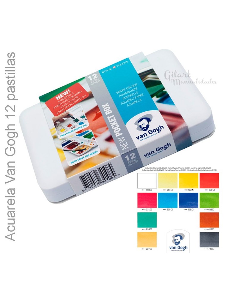 Acuarelas van Gogh, 12 pastillas Royal Talens, set compacto con pincel y paleta de mezcla.