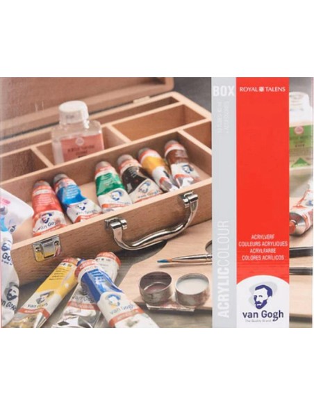 Detalle del interior: 10 tubos de 40 ml y accesorios Van Gogh Acrílico.